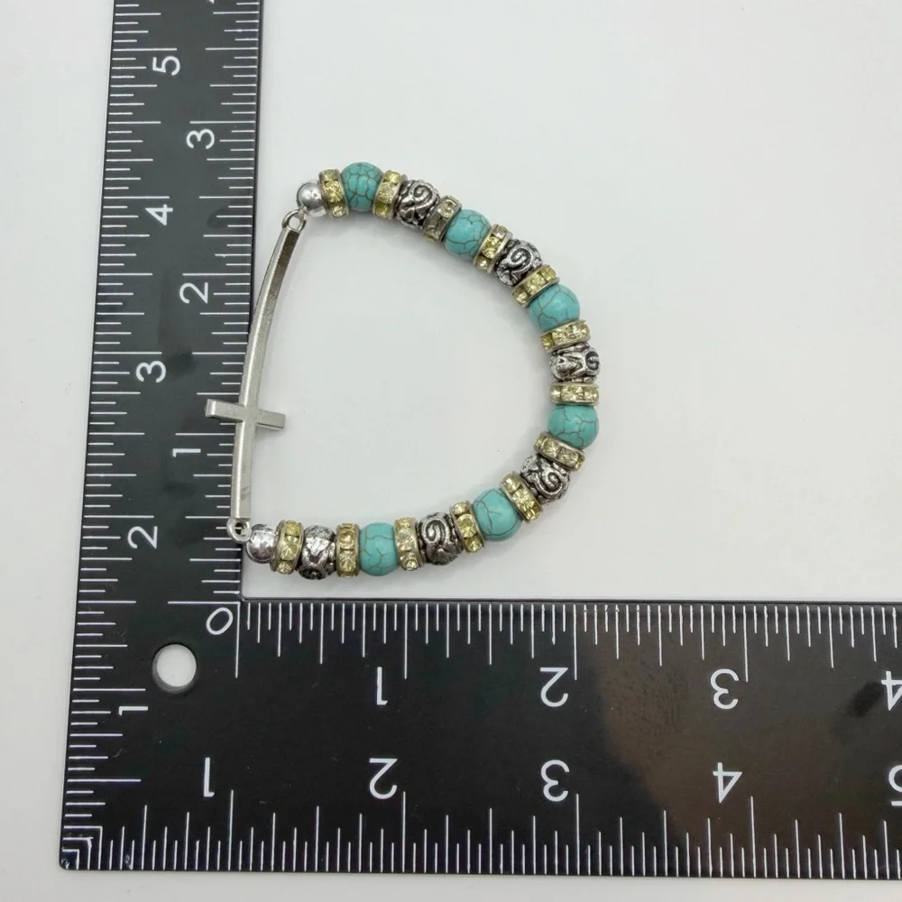 Sideways Cross Stretch Bracelet with Turquoise Beads & Crystal Rhinestones